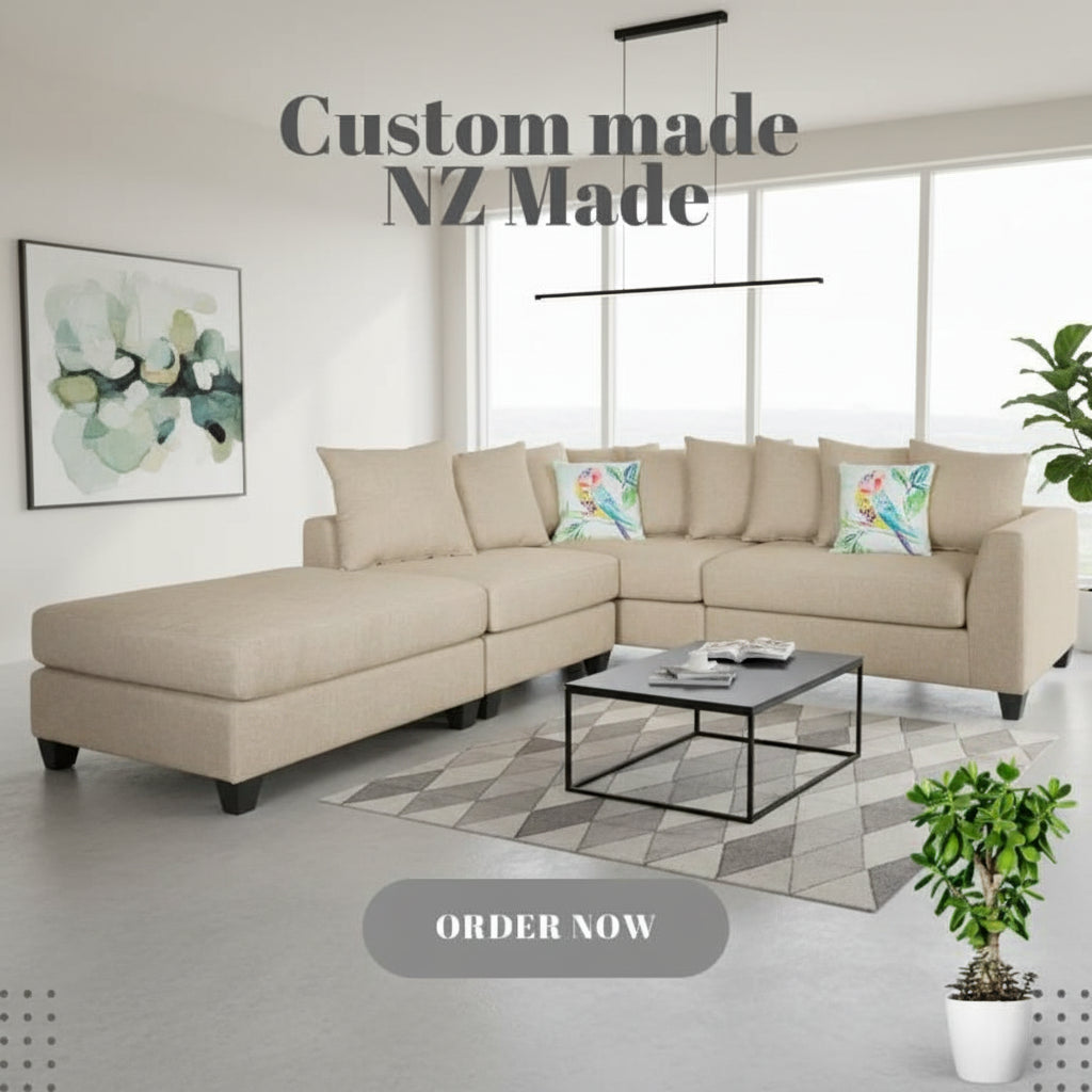 Beige sectional sofa with decorative pillows on a white background, featuring 'Custom made NZ Made' text.