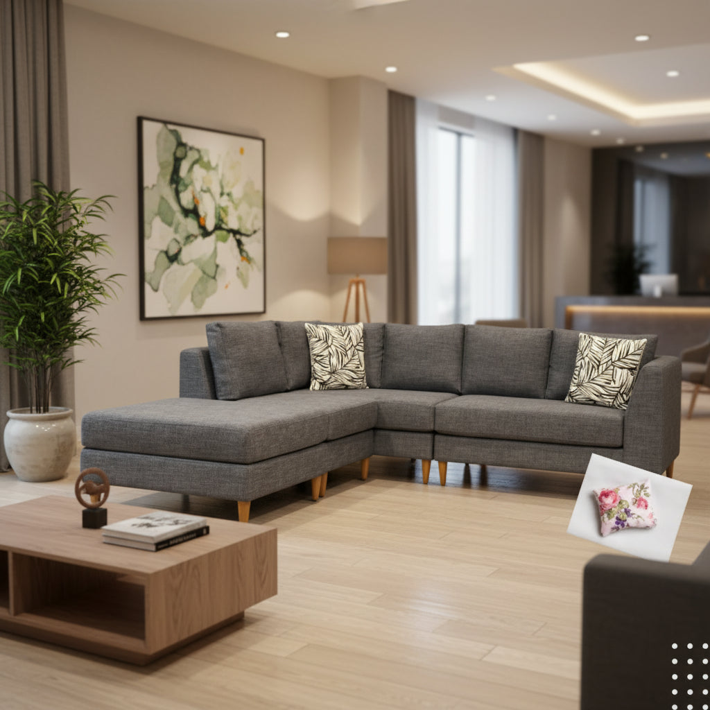 Gray sectional sofa with decorative pillows on a white background, featuring text 'Custom made NZ Made' and 'Order Now' button.