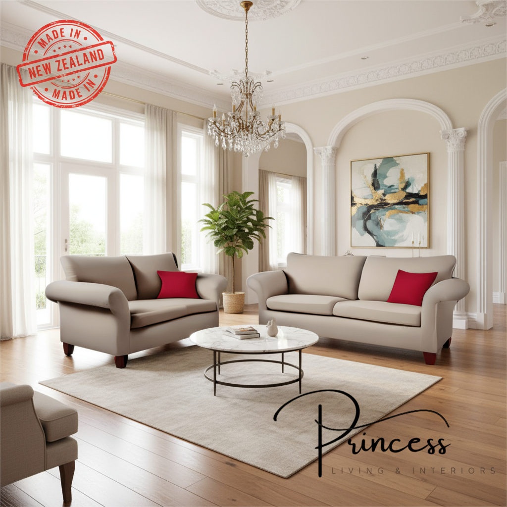 Two beige sofas with red cushions on a white background, featuring 'Princess Living & Interiors' branding.