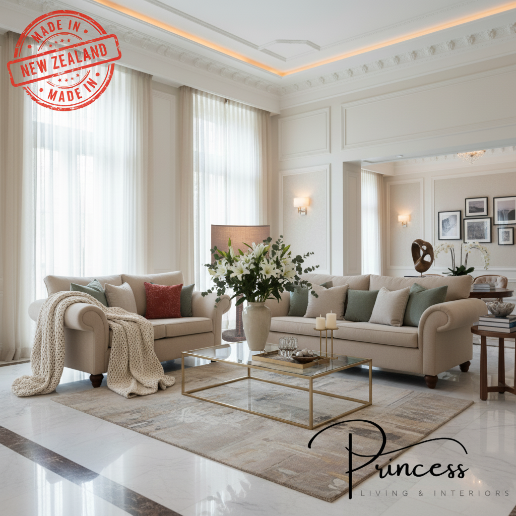 Sofa set with a lamp and 'Made in New Zealand' stamp on a white background, featuring the Princess Living & Interiors brand.