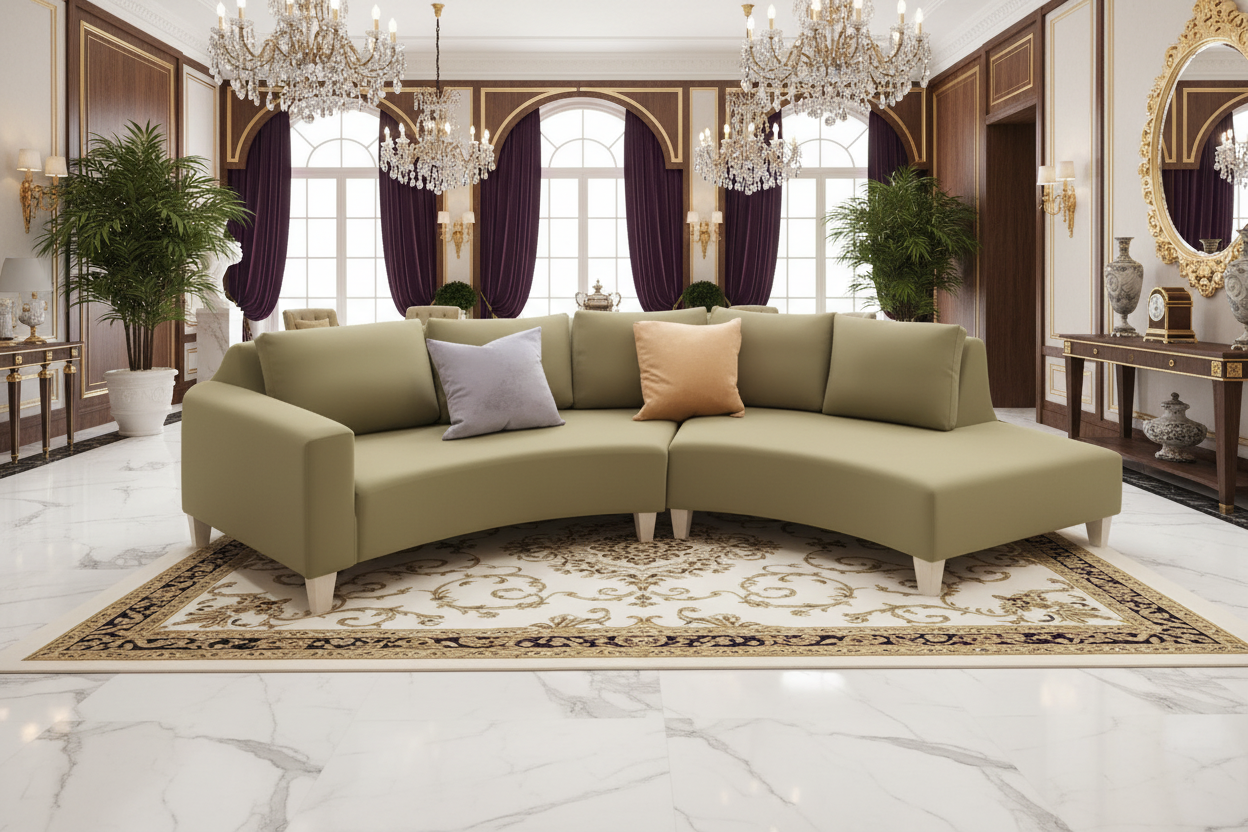 Curved green sofa with two cushions on a white background