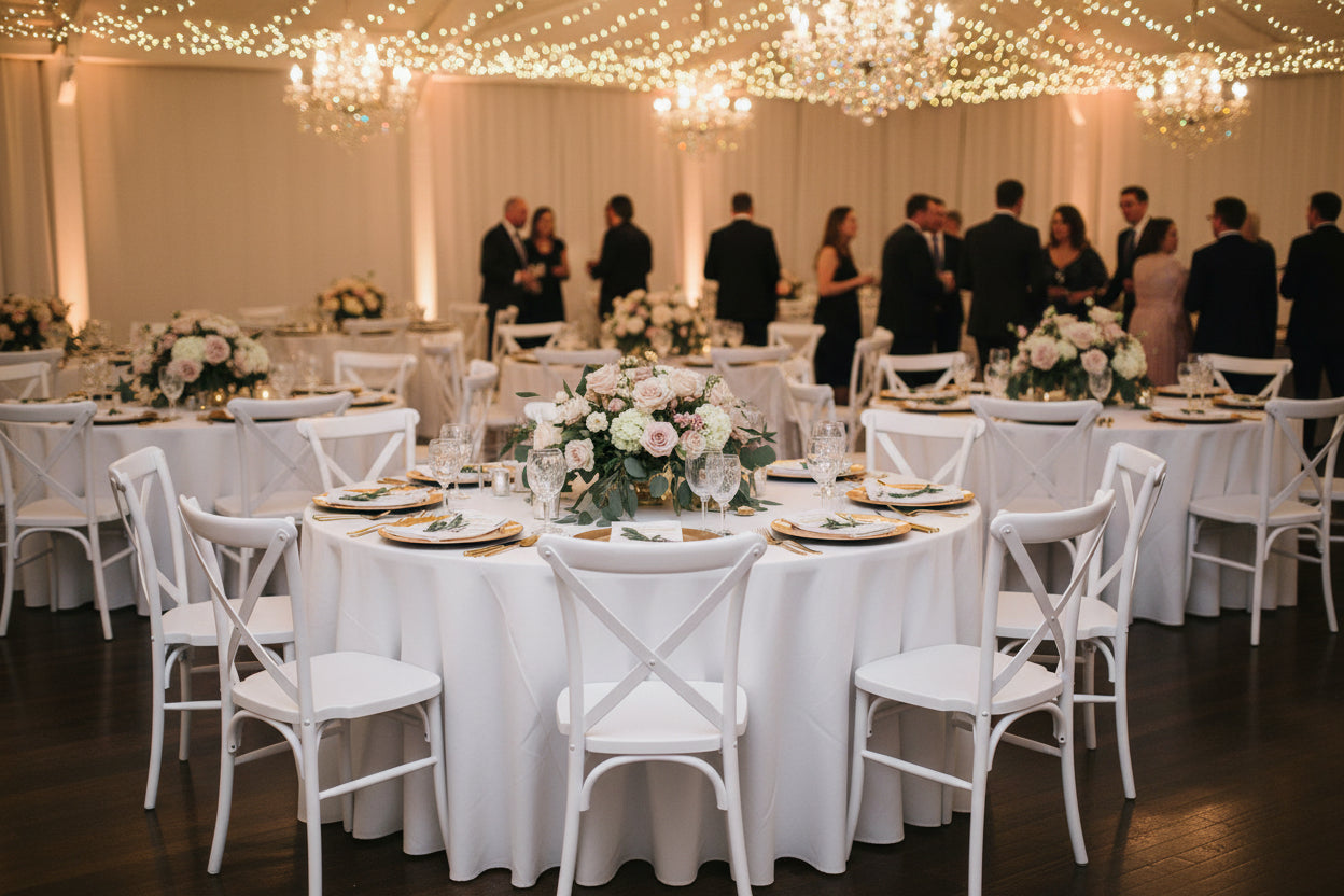 White cross back event chair on a white background