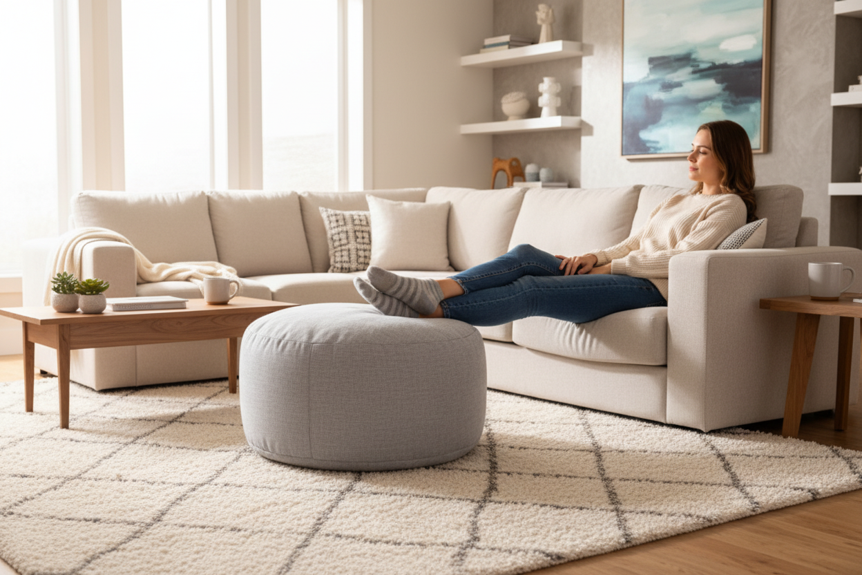 Gray ottoman with 'Custom Made NZ Made' text on a white background