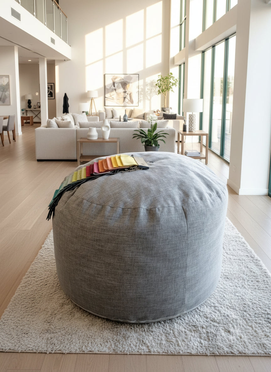 Gray bean bag chair with a color swatch on top in a room setting.