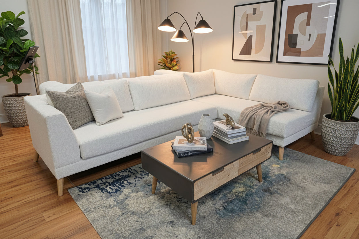 White sectional sofa with a coffee table and flowers in a living room setting.