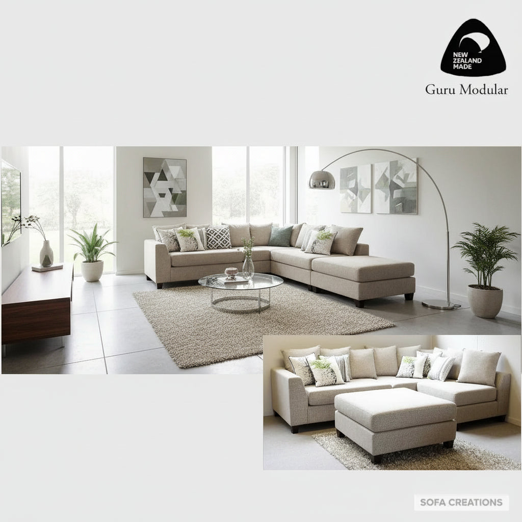 Modular sofa set with cushions on a plain background, featuring the New Zealand Modular Guru brand.