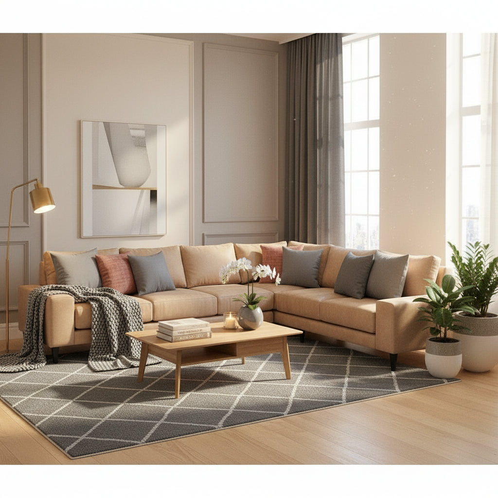 Vegan leather Beige sectional sofa with colorful pillows in a room with wooden walls and a small table.