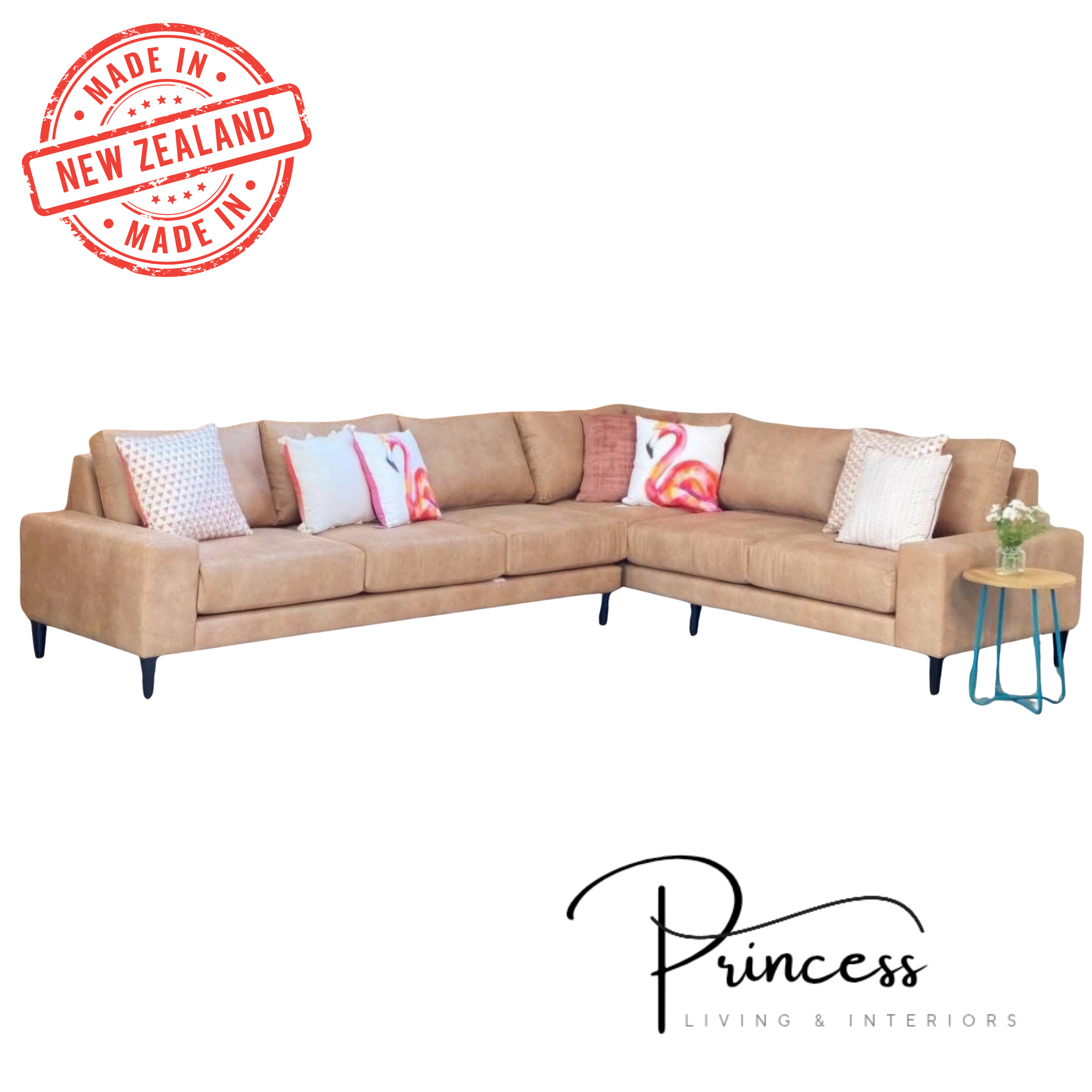 Beige sectional sofa with decorative pillows on a white background, featuring 'Made in New Zealand' stamp and Princess Living & Interiors logo.
