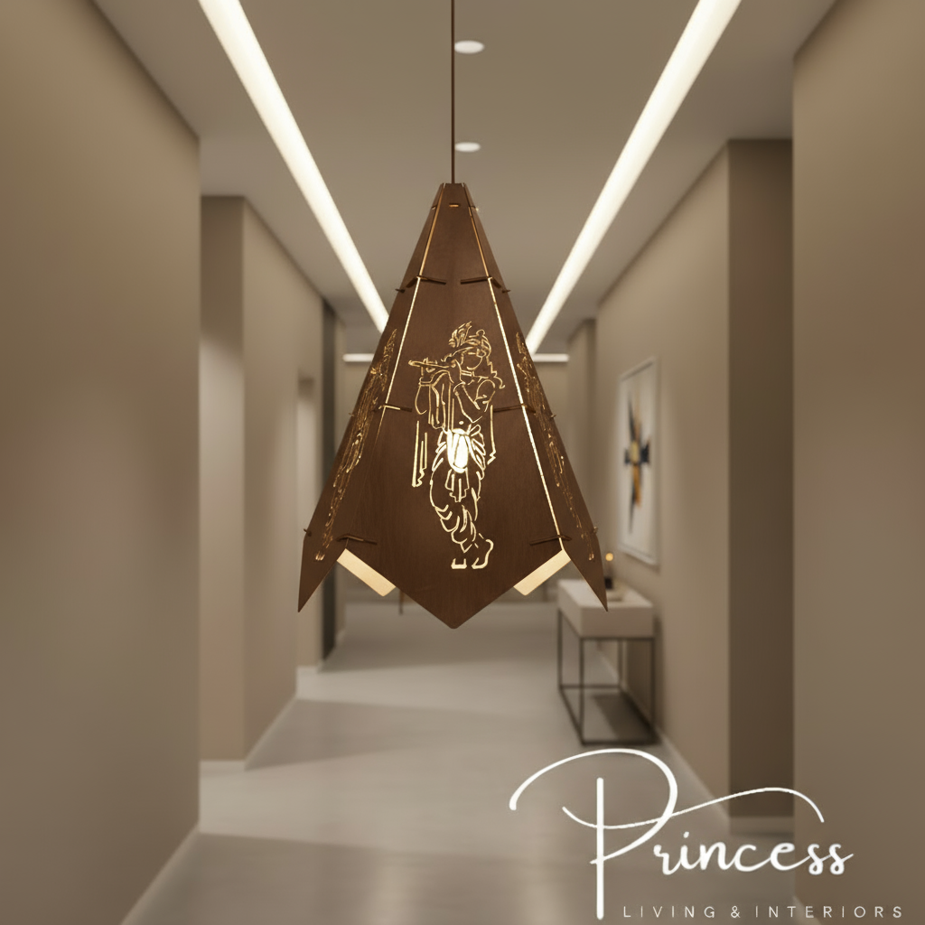 Decorative pendant light with 'Made in New Zealand' stamp and 'Princess Living & Interiors' branding in an indoor setting.