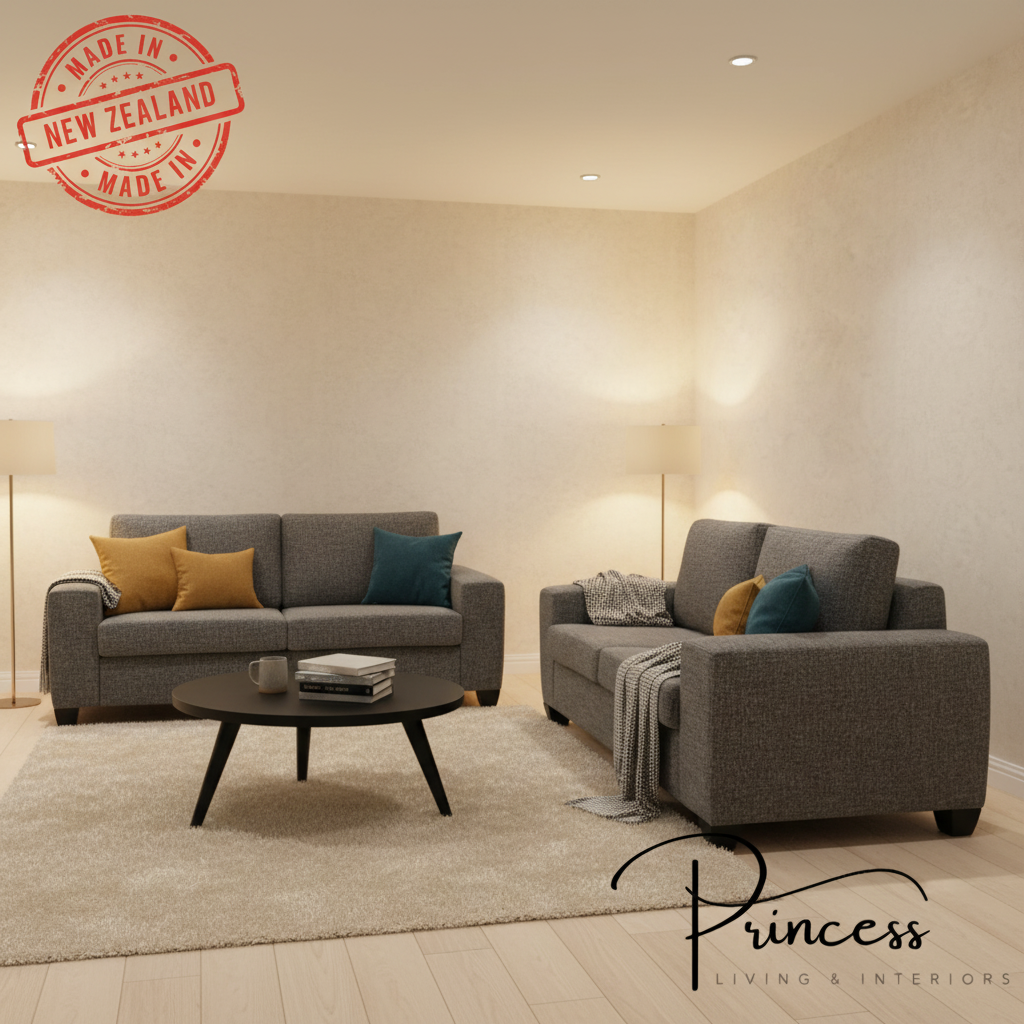Gray sofa set with a round coffee table on a white background, featuring 'Princess Living & Interiors' branding.
