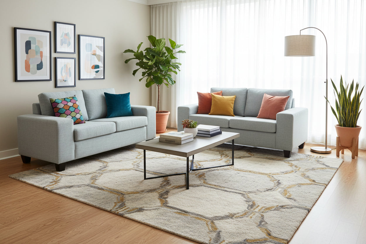 Light blue sofas with colorful cushions on a white background