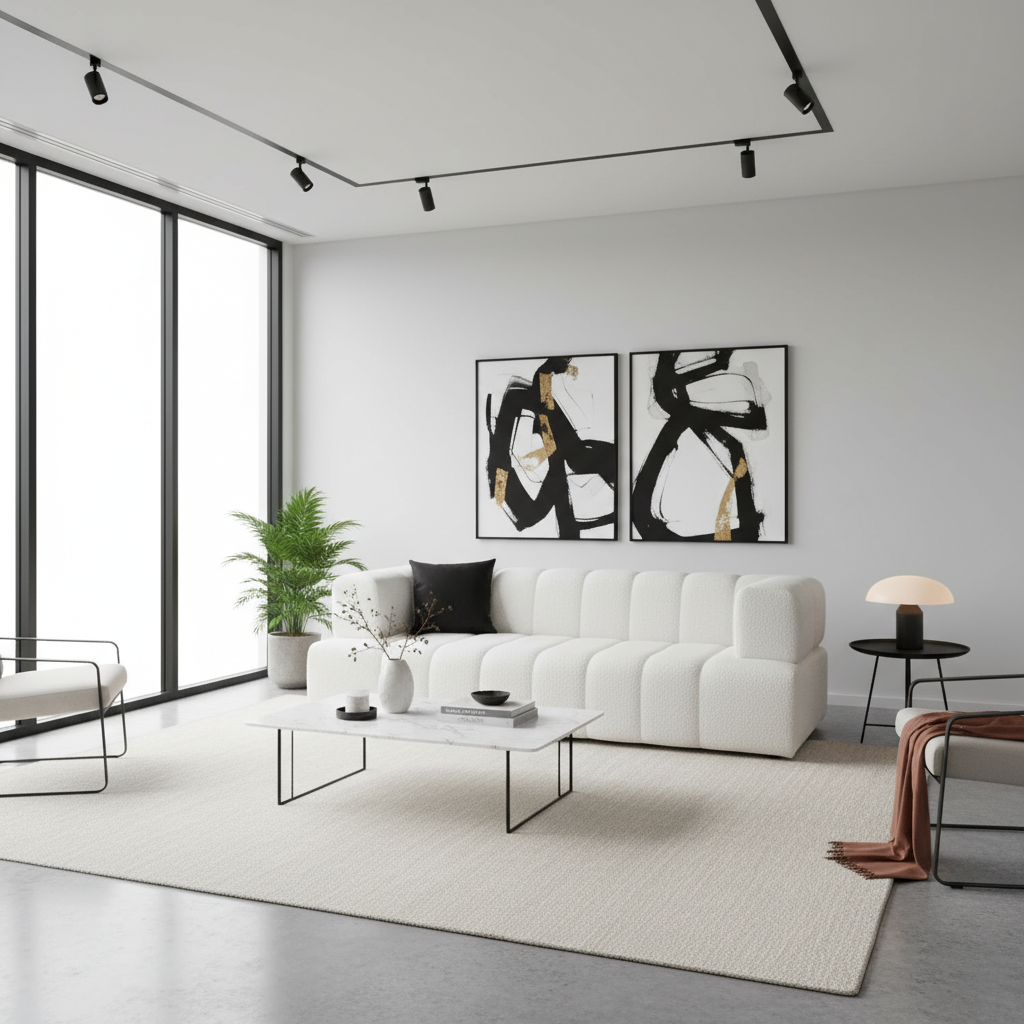 White sofa with a black pillow on a white background, featuring 'Made in New Zealand' stamp and 'Princess Living & Interiors' logo.