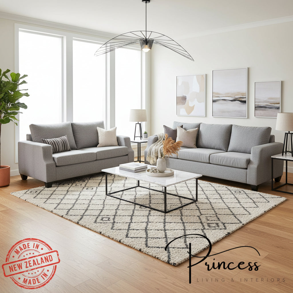 Gray sofa set with 'Princess Living & Interiors' branding on a white background.