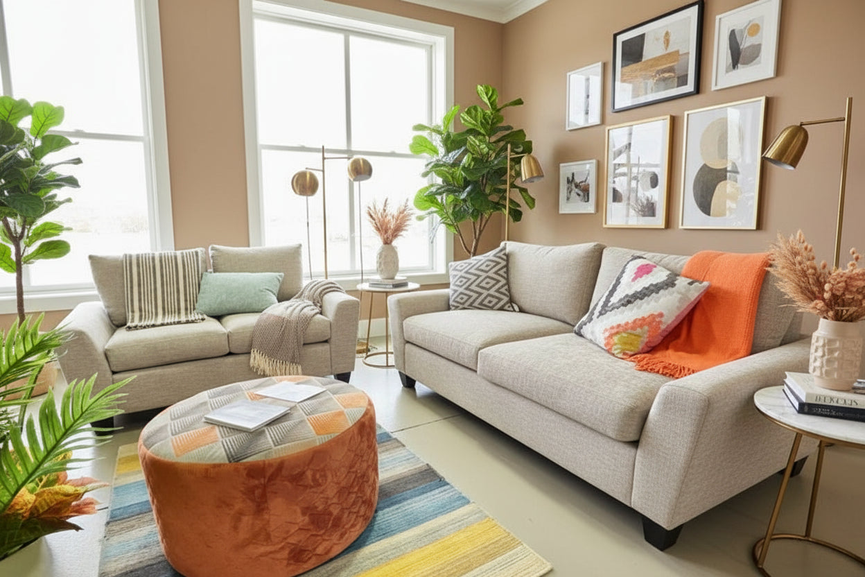 Living room with gray sofas, colorful cushions, and a footstool with a 'Custom Made NZ Made' sign.