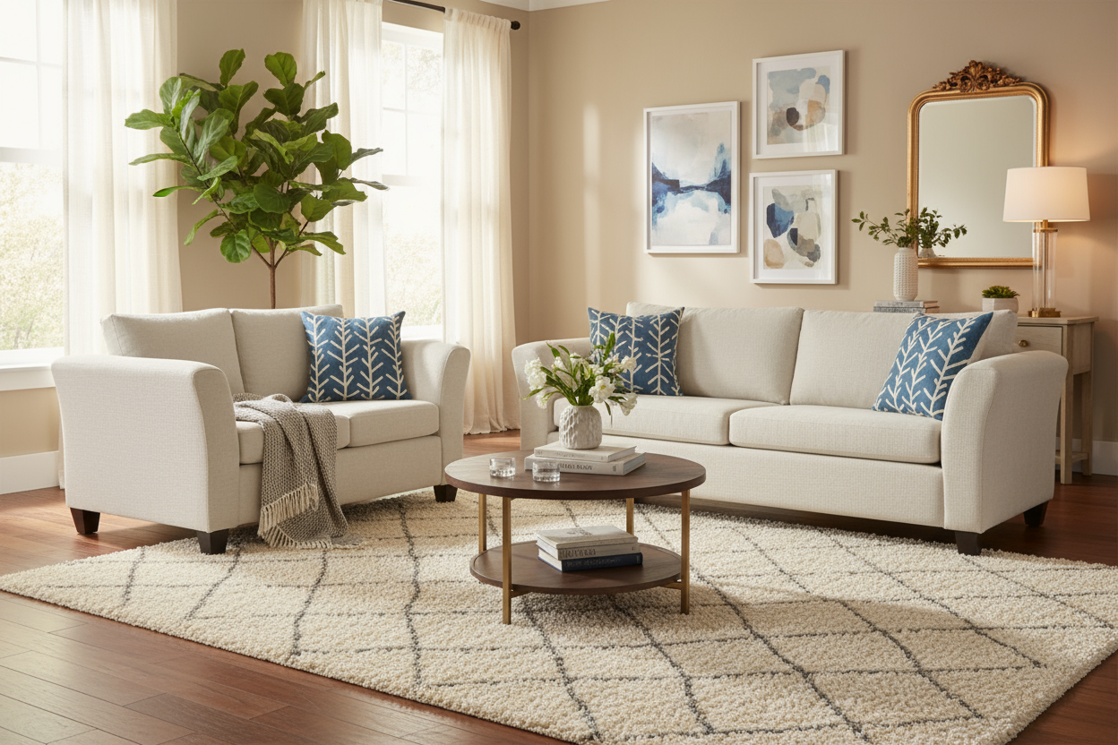 Two white sofas with blue patterned cushions on a white background, featuring 'Custom Made NZ Made' text.