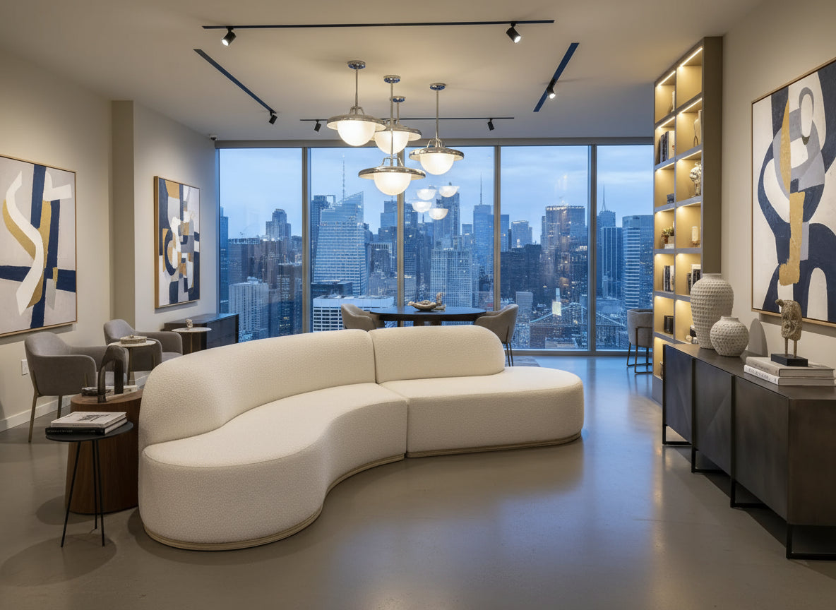 Modern white sectional sofa with a matching ottoman in a stylish room.