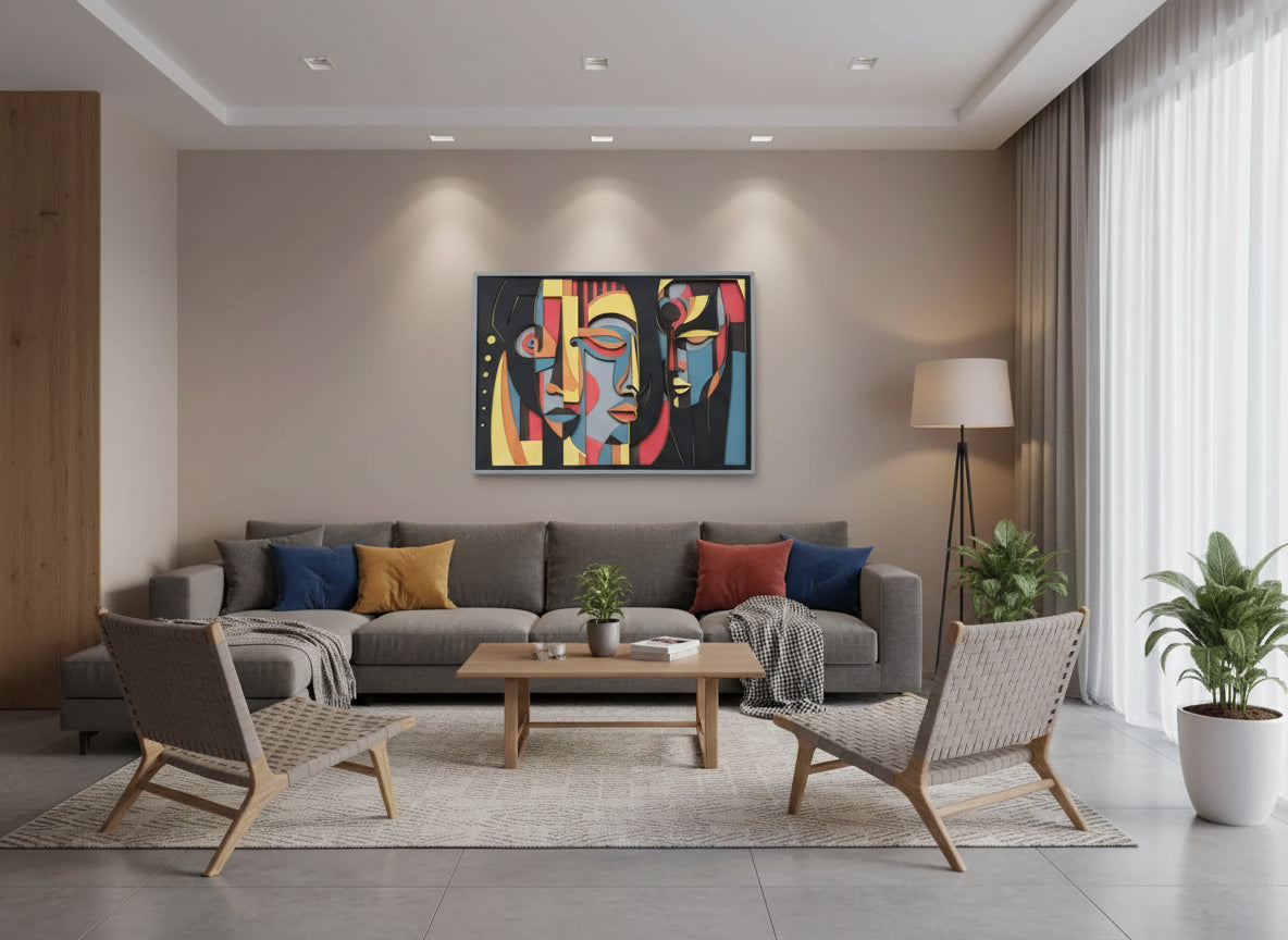 Colorful abstract face artwork on a black background 