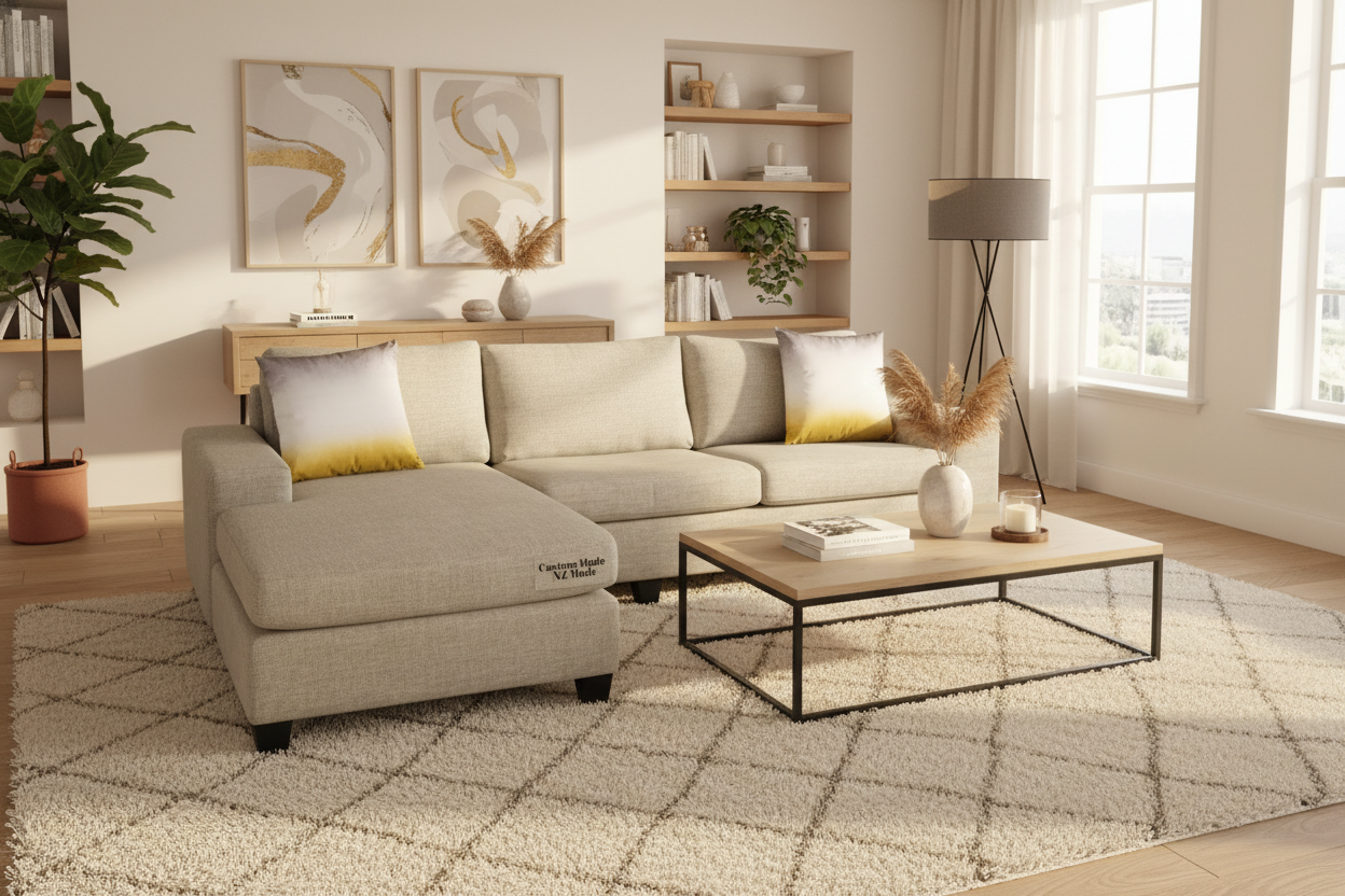 Gray sectional sofa with cushions on a white background, featuring 'Custom Made NZ Made' text.