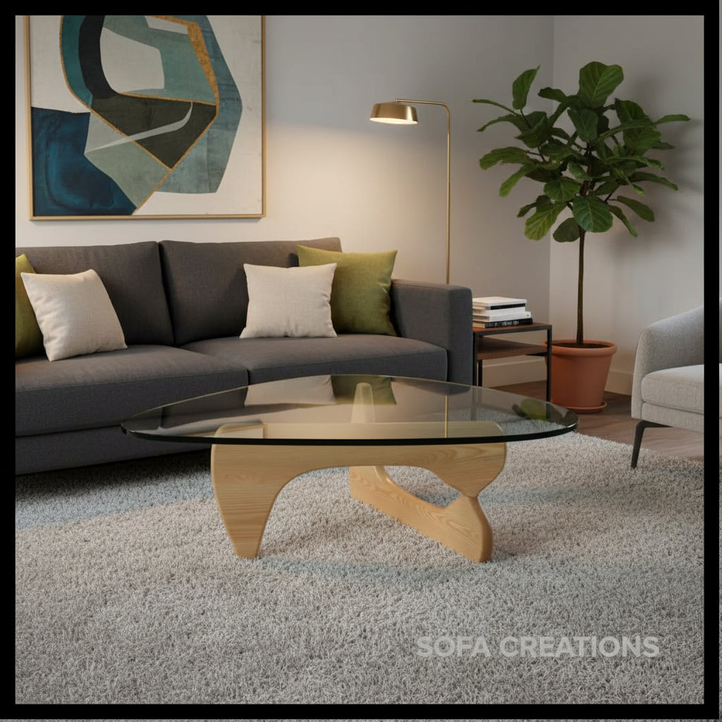 Glass coffee table with wooden base on a white background, branded 'Sofa Creations'.