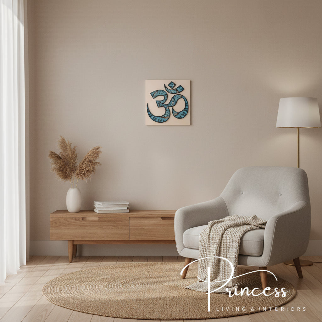 Decorative Om symbol with blue and black patterns on a beige background, featuring 'Made in New Zealand' stamp and 'Princess Living & Interiors' branding.