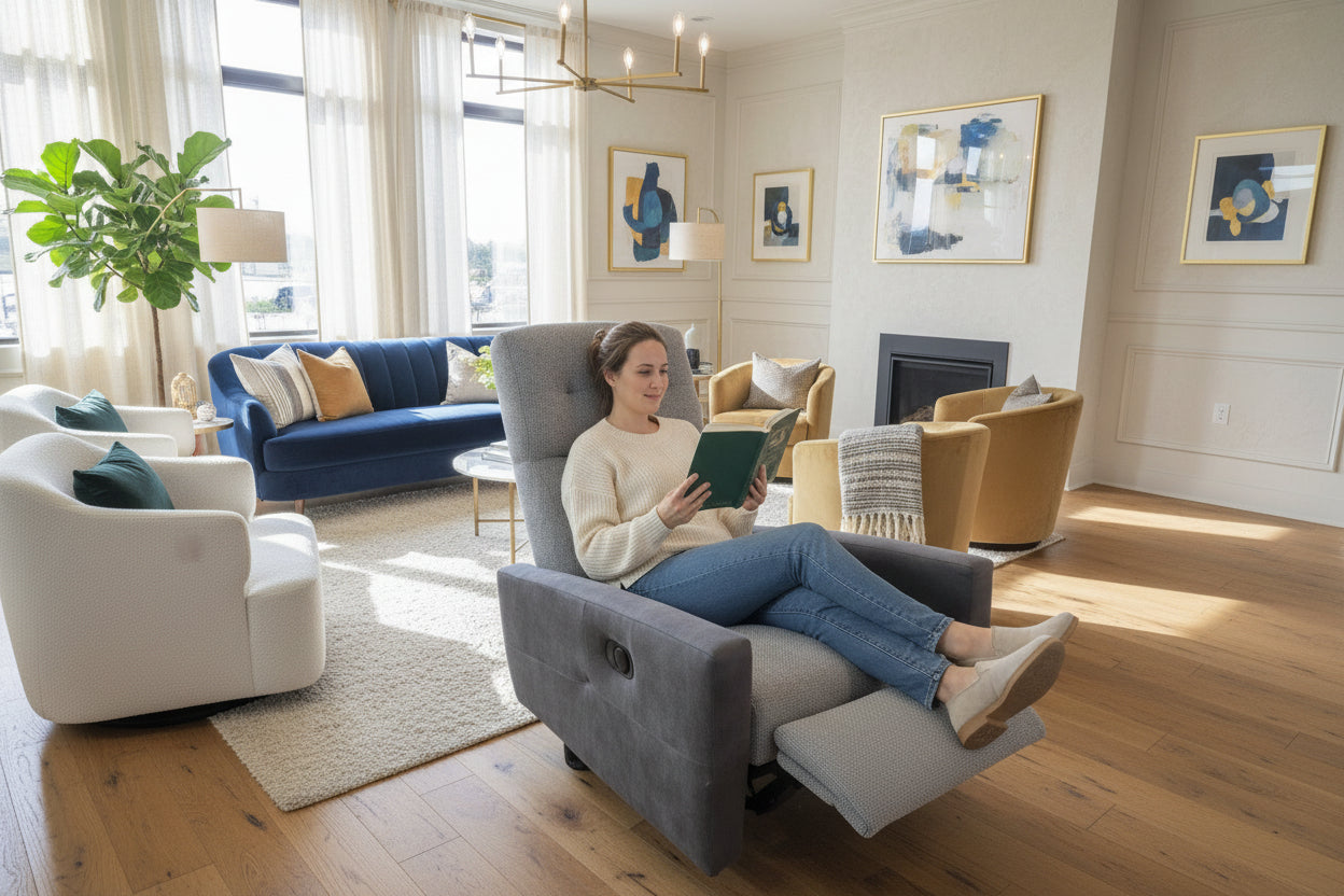 Gray recliner chair in a showroom with other furniture.