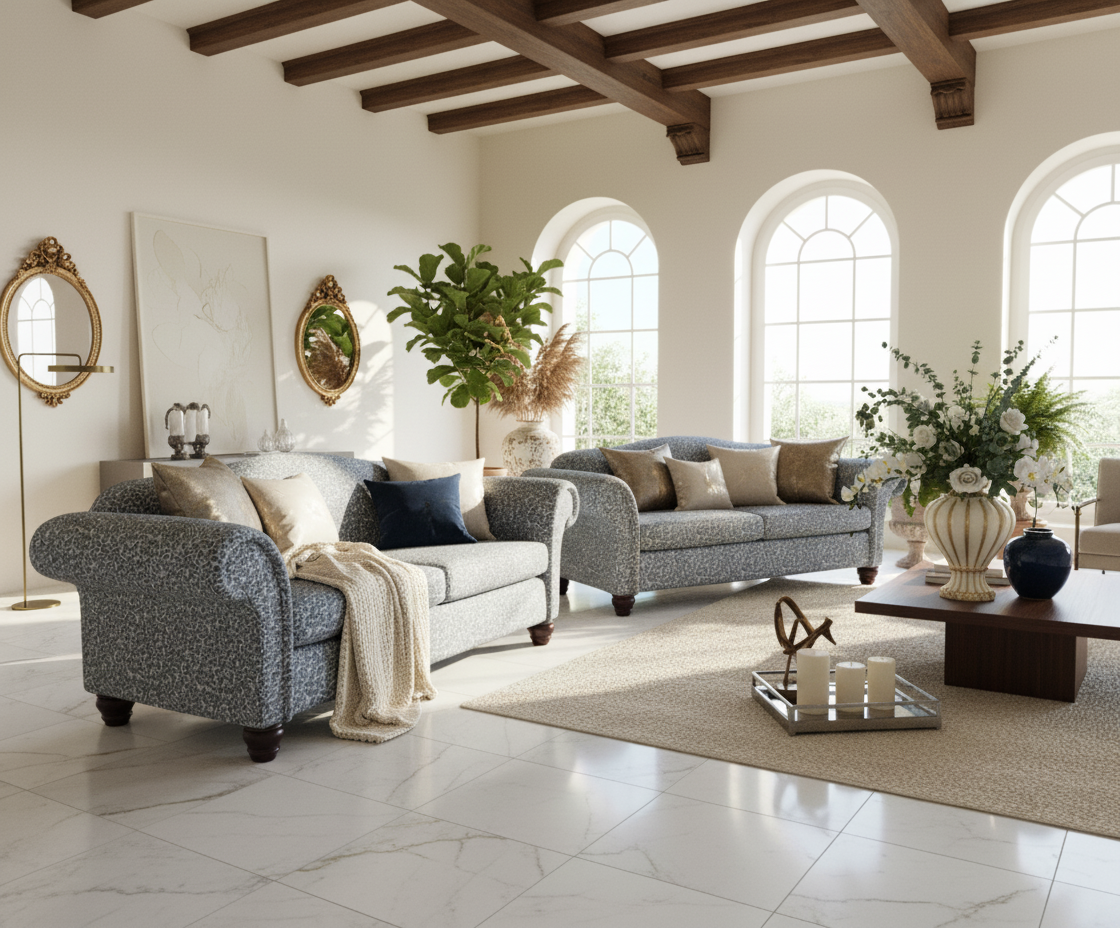Floral blue  sofa and armchair set on a white background