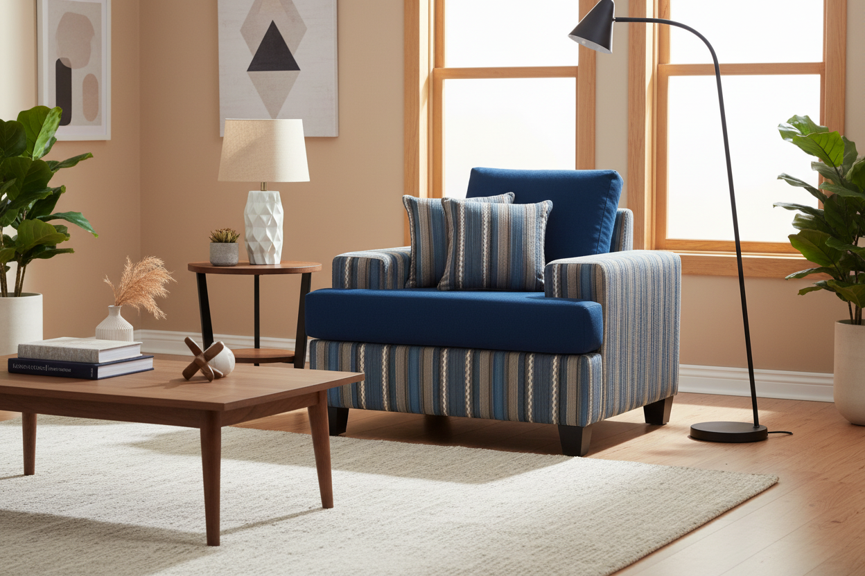 Blue armchair with striped pattern on a white background, featuring 'Custom Made NZ Made' text.
