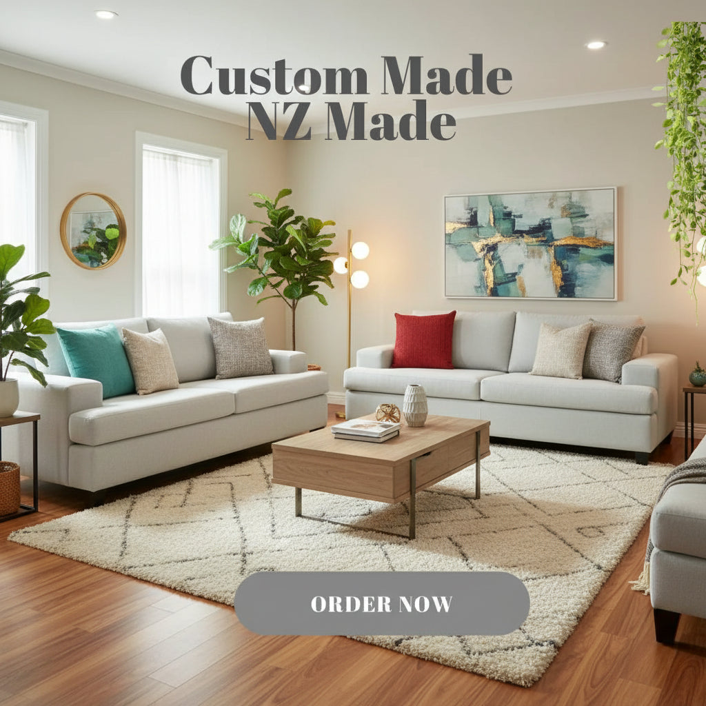 Two off white  sofas with colorful cushions on a white background, featuring 'Custom Made NZ Made' text.