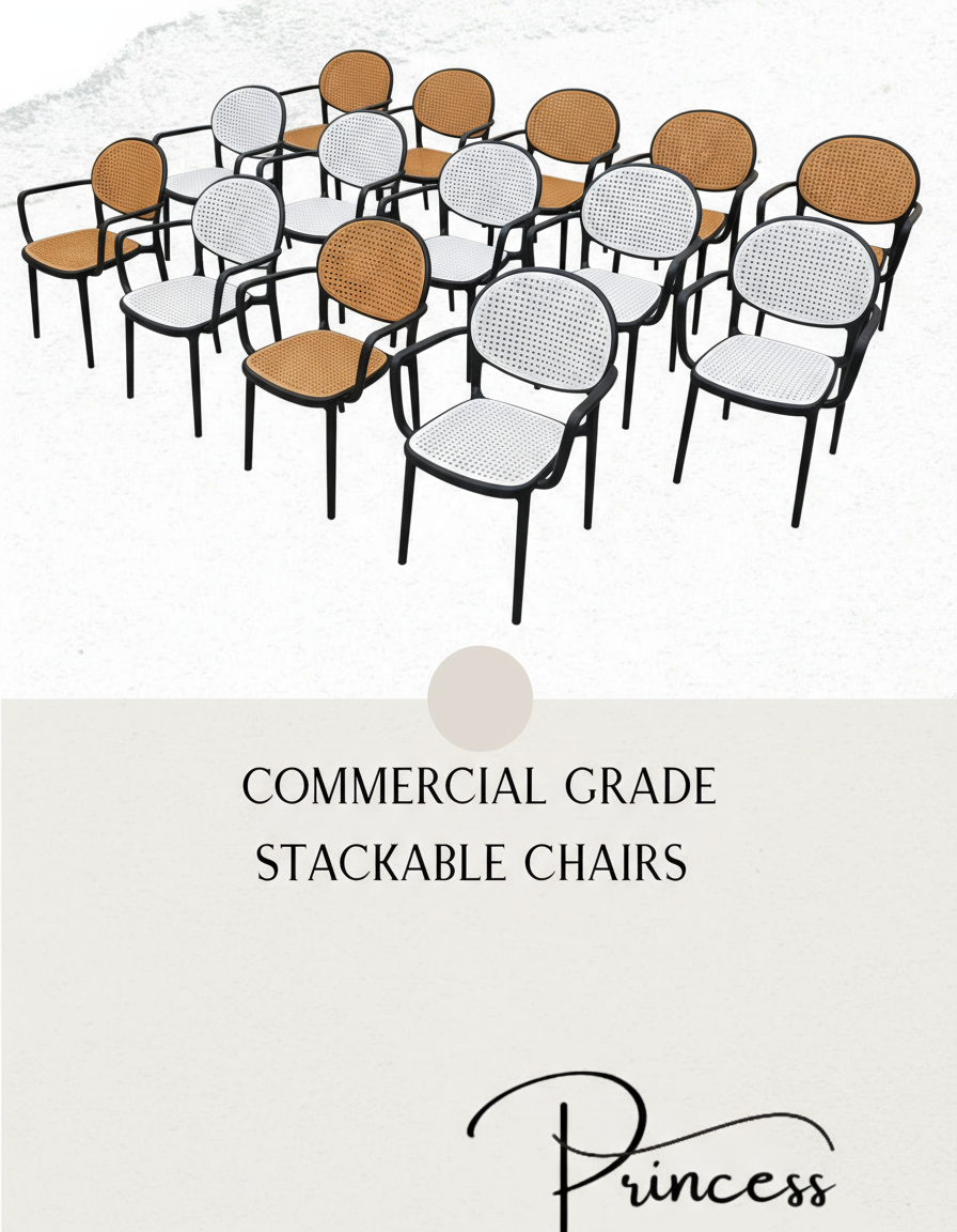 Commercial grade stackable chairs with a visible brand name on a light background