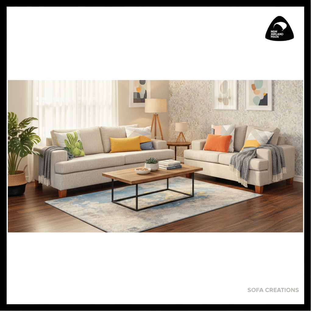 Two beige sectional sofas with colorful pillows in a room with wooden walls and a rug.