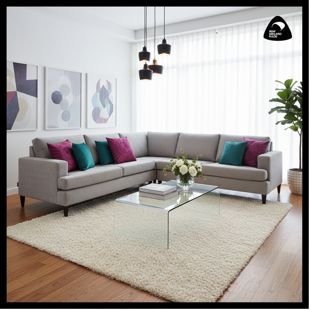 Gray sectional sofa with colorful cushions on a white background, featuring the brand 'Sofa Creations'.