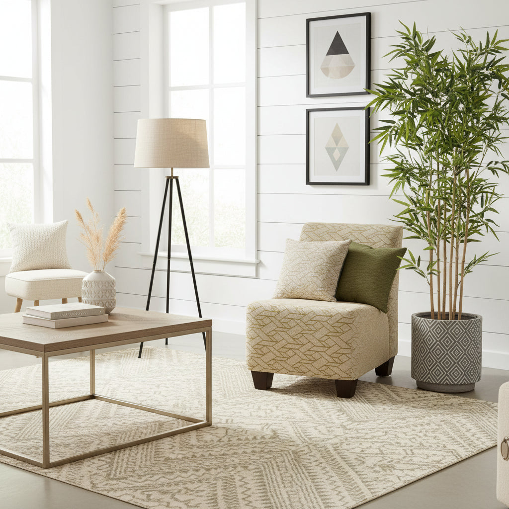 Beige patterned chair next to a potted plant on a patterned rug with a white brick wall background.