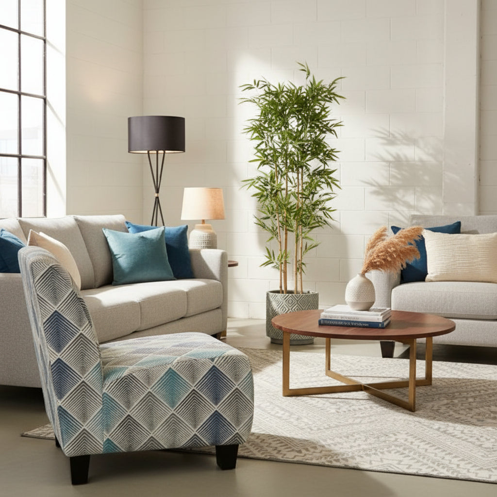 Chair with geometric patterned cover next to a potted plant on a tiled floor.