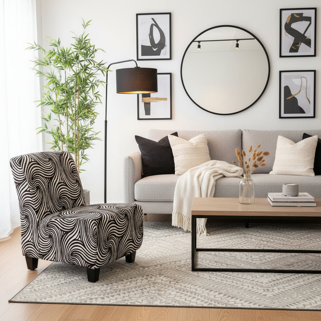 Black and white patterned chair and ottoman with a plant in the background.
