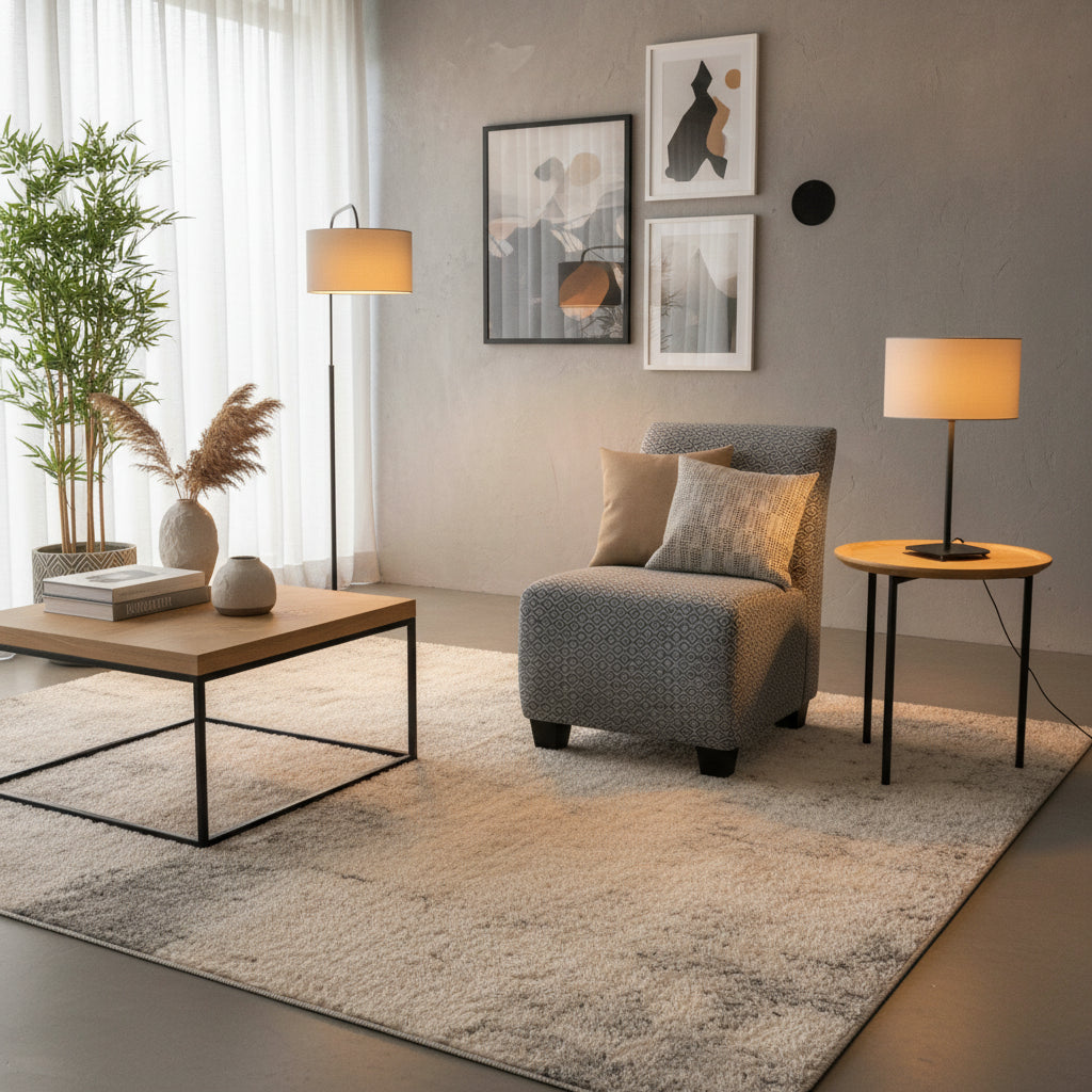 Patterned armchair next to a potted plant on a patterned rug with a white brick wall background.