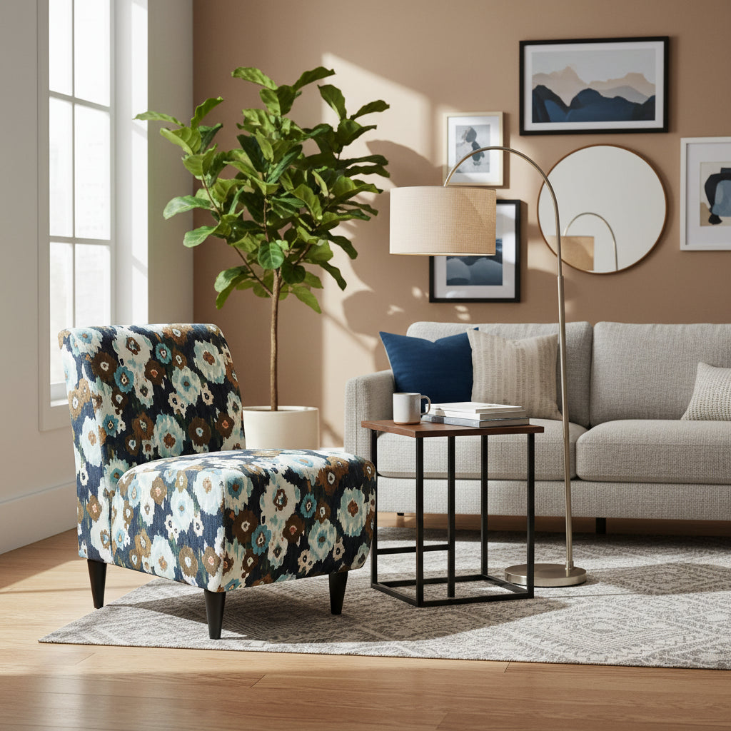 Chair with floral patterned fabric against a white brick wall.