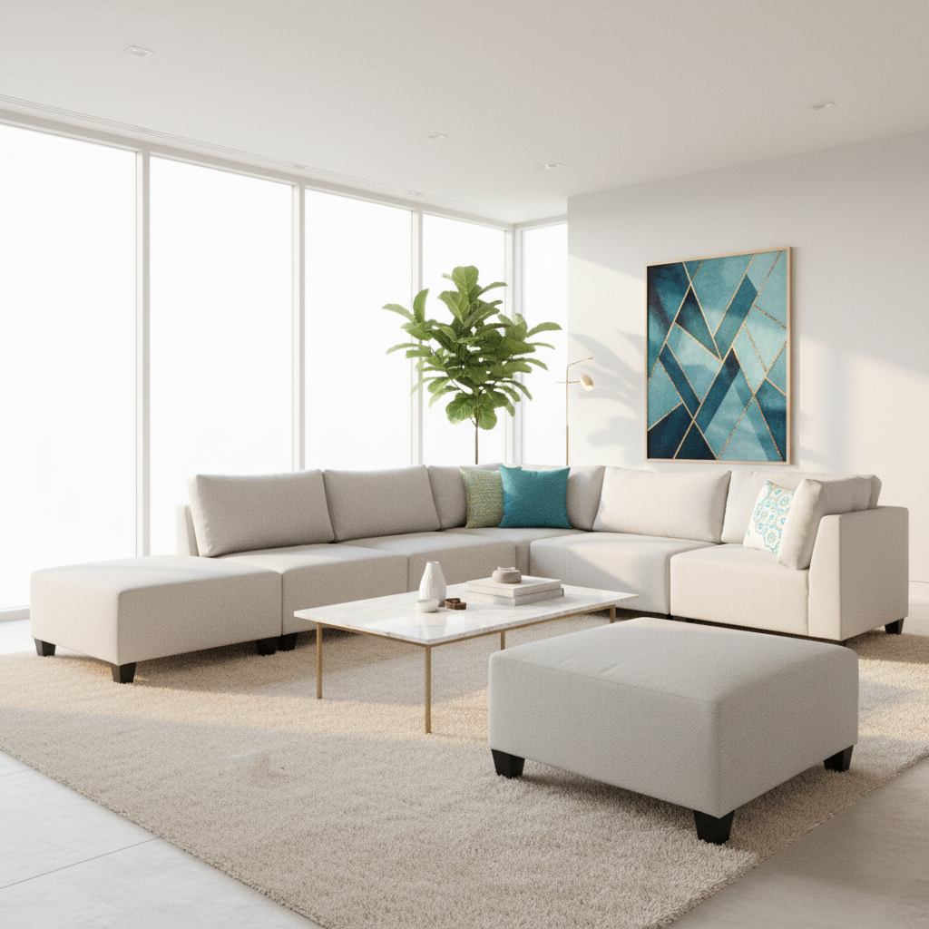 Gray sectional sofa with ottoman and decorative pillows on a white background, featuring 'Sofa Creations' branding.