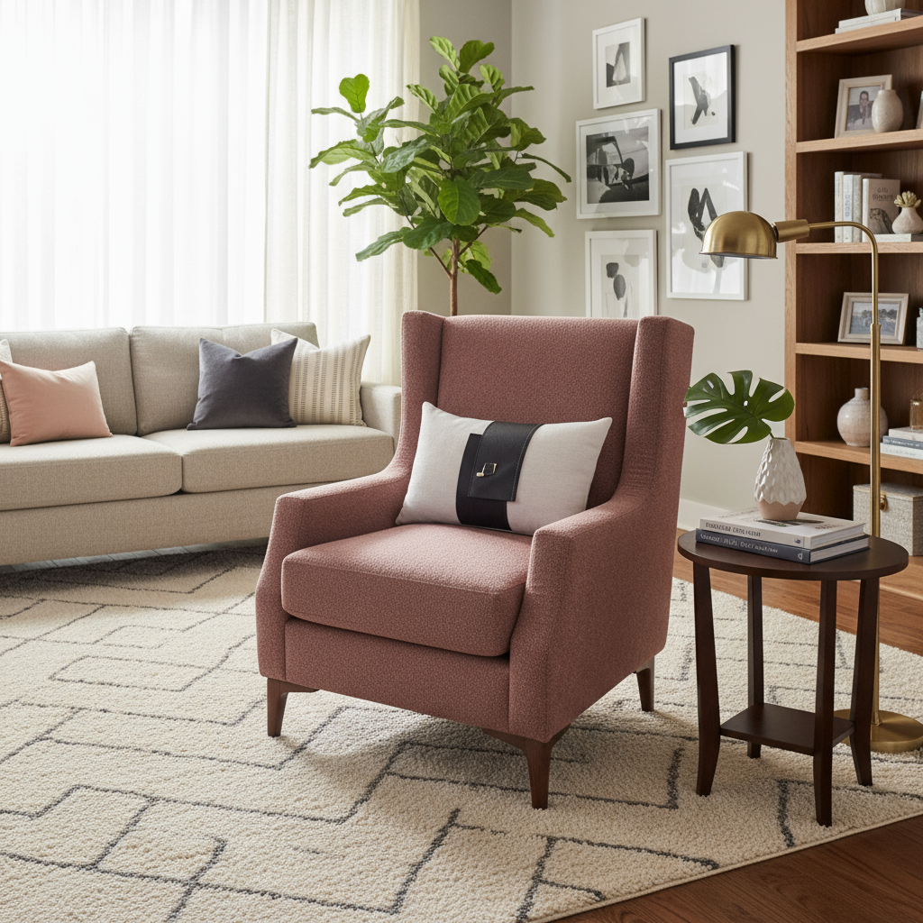 Pink armchair with a white pillow on a white background
