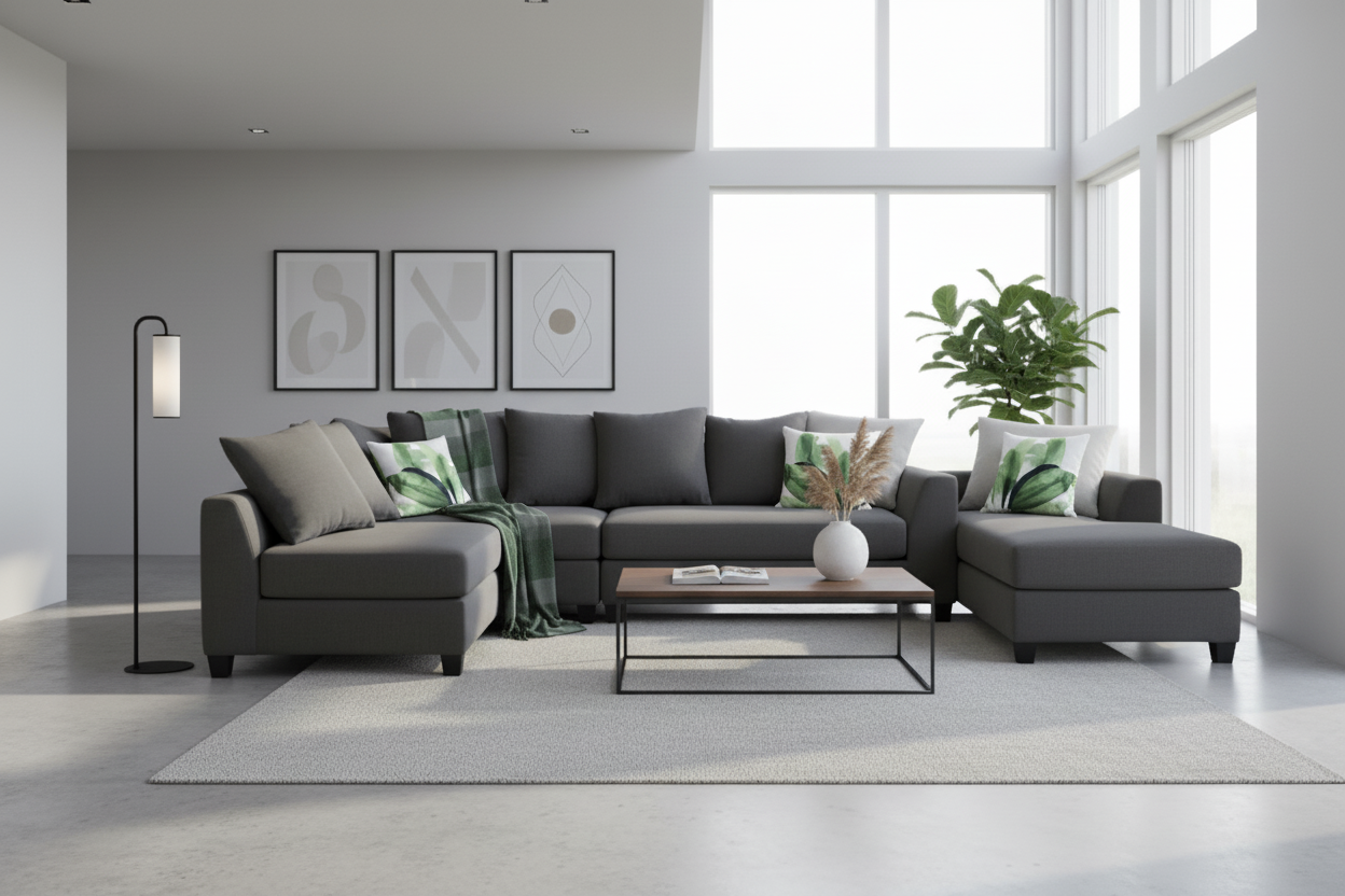 Gray sectional sofa with ottoman and green cushions on a white background, featuring 'Custom Made NZ Made' text.