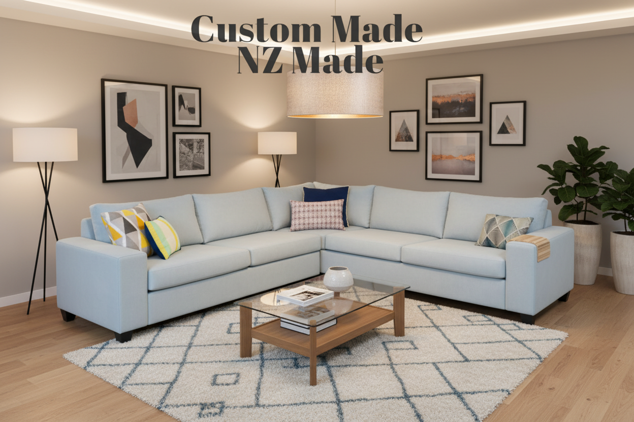 Sectional sofa with cushions on a white background, featuring 'Custom Made NZ Made' text.