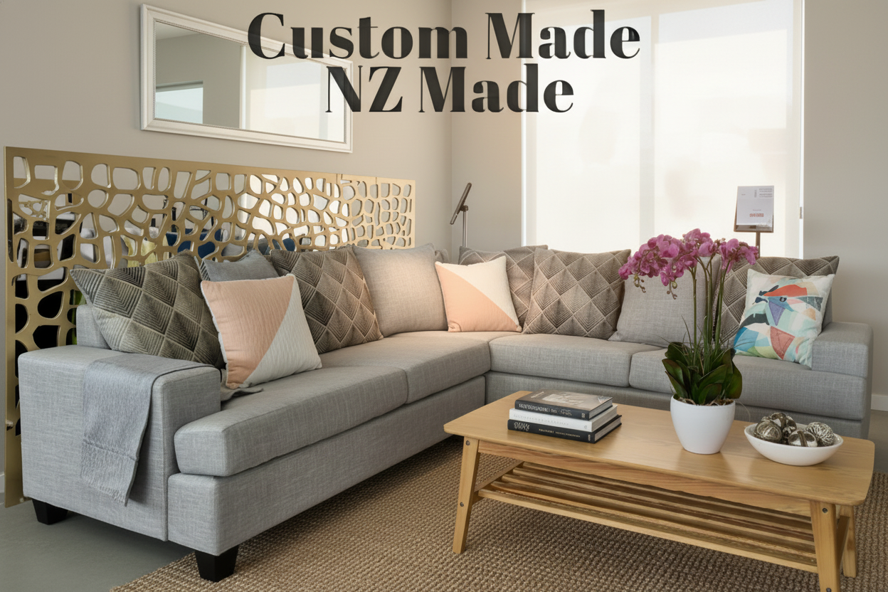 Gray sectional sofa with decorative pillows and a coffee table in a living room setting, featuring 'Custom Made NZ Made' text.