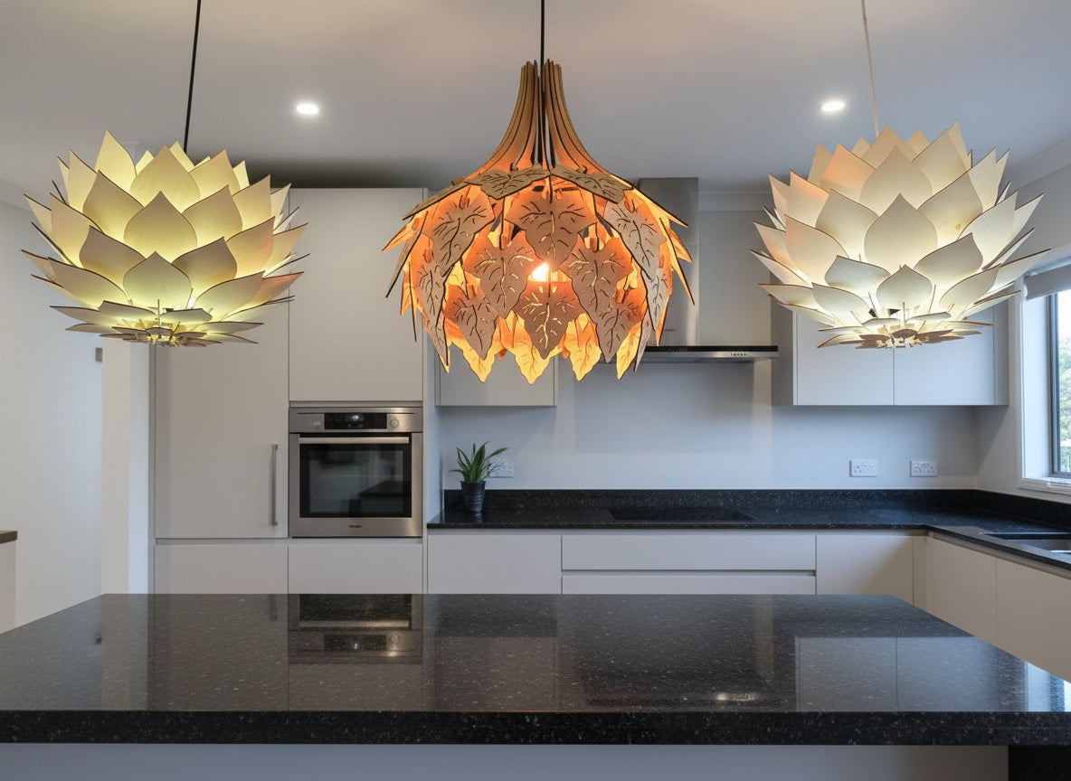 Three decorative ceiling lights hanging in a room with a modern interior.