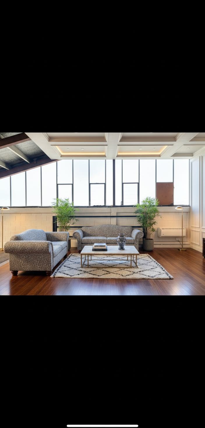 Gray sofa set with a rug in a room with large windows.